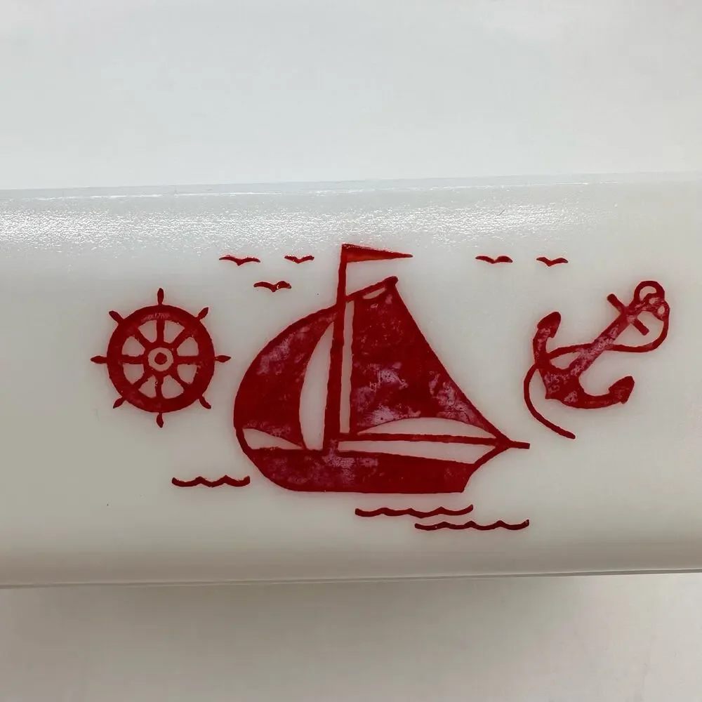 McKee Refrigerator Dish Red Transfer Sailboat White Milk Glass w/Lid Nautical